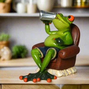 Quirky Ceramic Frog Figurine Drinking - Fun Frogs Statue, Whimsical Home Decor - Picture 1 of 1