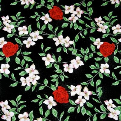 Rosas rojas brillantes sobre negro, una tela de algodón RJR, por 16" o 17" o por yarda Foto 1 de 4