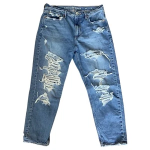 American Eagle Super Hi Rise Moms Jeans Sz 8 Short Destroyed Medium Blue Wash - Picture 1 of 18