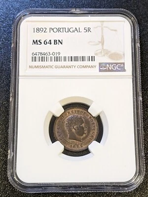 1892 MS64 BN Portugal 5 Reis KM 530 NGC TOP POP Carlos I - Image 1 of 4
