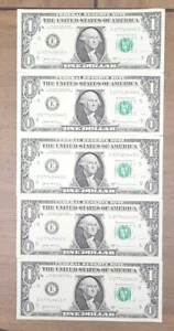 2007 One Dollar Bills (5) Bills Serial Numbers In Sequence. Excellent Condition. - Picture 1 of 6