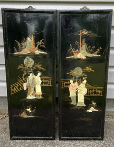 Paar schwarze Lack & Halbedelsteine Specksteine Wandbehang Bilder Geishas - Bild 1 von 18