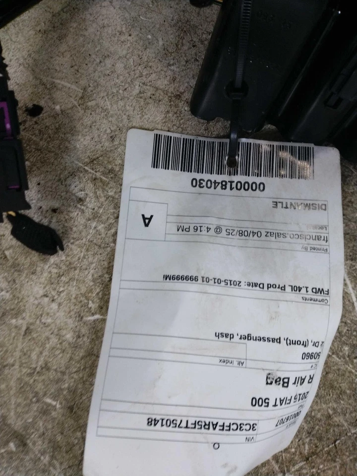 Used Right Instrument Panel Air Bag fits: 2015 Fiat 500 2 Dr front passenger das - Image 1 of 4