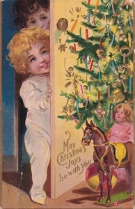 Vintage May Christmas Joys Be With You Postcard 1900s Young Children Gifts Tree - Picture 1 of 2