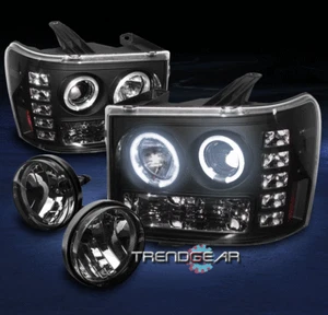 2007-2013 GMC SIERRA DENALI PICKUP HALO LED BLACK PROJECTOR HEAD LIGHT+SMOKE FOG - Picture 1 of 4