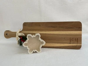 “Joy” Wood Cutting Charcuterie Board Snowflake Ceramic Ramekin Christmas Holiday - Picture 1 of 16
