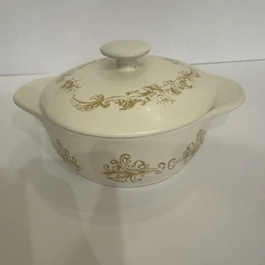 Vintage Pottery Casserole Dish With Lid In A Gold Stencil Design 7.5” X 4 - Picture 1 of 3