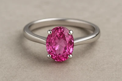 Lab Pink Sapphire Simple Ring 925 Sterling Silver 9X7 mm 2 ct Gem Made To Order - Image 1 of 4