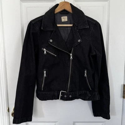 Chaqueta de moto de mezclilla negra para mujer Gap 1969 mediana con cinturón estilo motociclista bolsillos con cremallera Foto 1 de 4