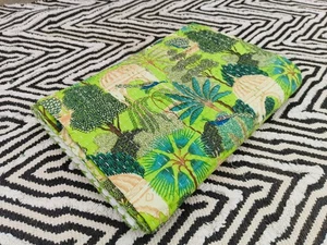 Rajasthani Green Flower printed kantha Quilt Blanket Gudari Throw Bedsheet Rali - Picture 1 of 5