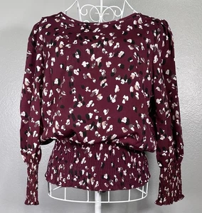 Womens Smocked Waist & Cuffs Puff Sleeve Top SIZE SMALL Burgundy Wine Color New - Bild 1 von 11