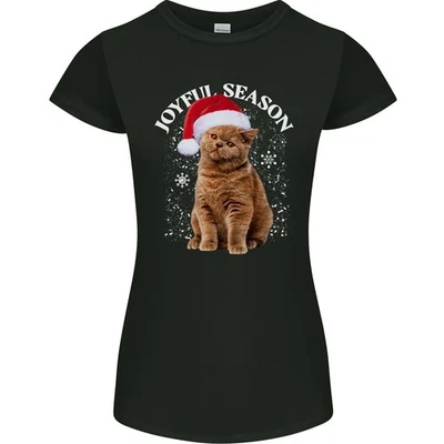 T-Shirt Joyeux Noël Drôle De Chat Xmas Femme Coupe Petite - Photo 1/4