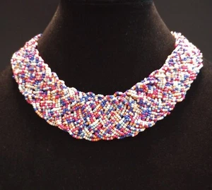 Vintage Multi Strand Multicolor Glass Seed Bead Collar Bib Necklace - Picture 1 of 2