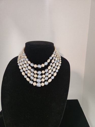 OFF WHITE 5 fili vintage senza marchio perle finte bianche e perline blu chiare 13 18"