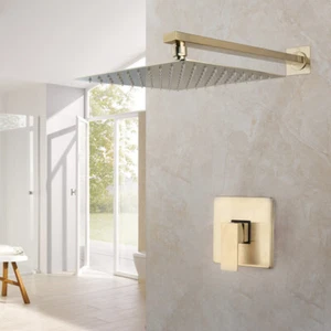 Brushed Gold Square Rain Shower Heads Shower Faucet Set  Wall Mounted Mixer Tap - Picture 1 of 12