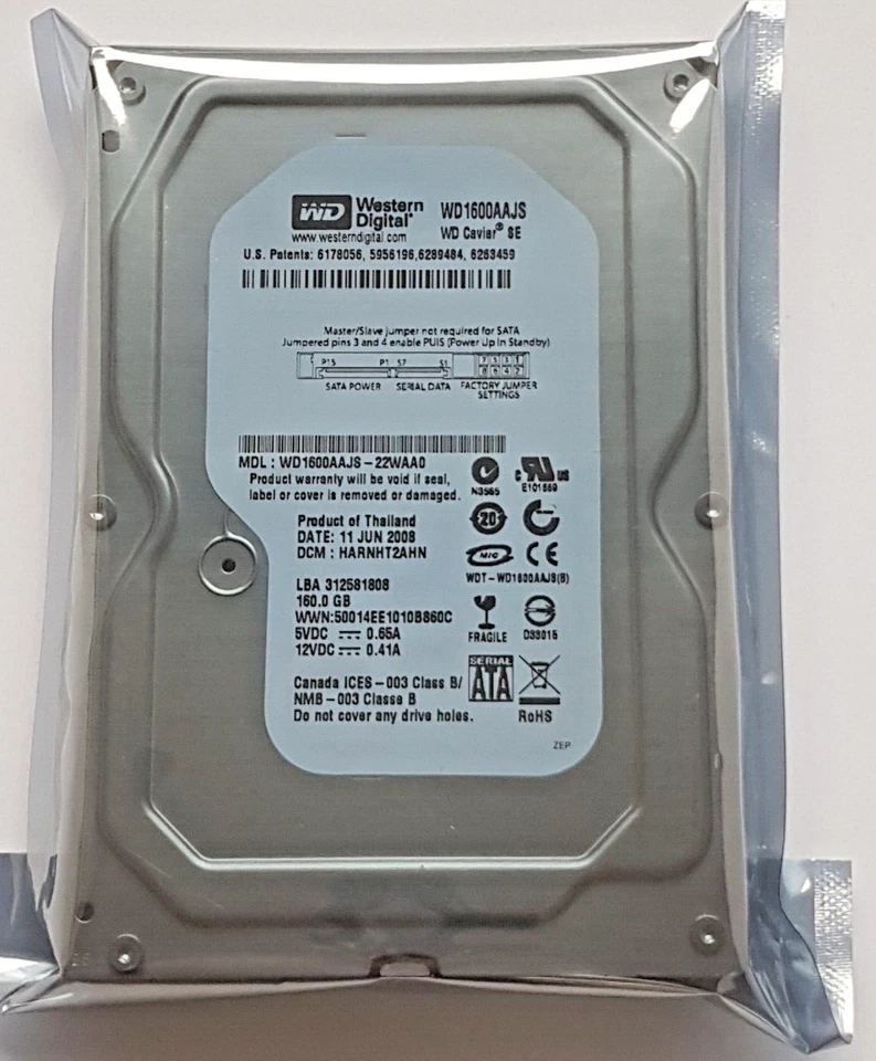 160 GB SATA Western Digital WD1600AAJS-22WAA0 7200rpm 8MB 3,5 " Hard Drive New - Image 1 of 1