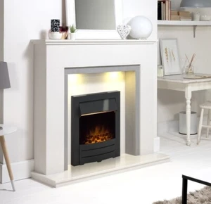 WHITE MARBLE STONE GREY FIREPLACE BLACK ELECTRIC FIRE SURROUND DOWN LIGHTS COAL - Picture 1 of 5