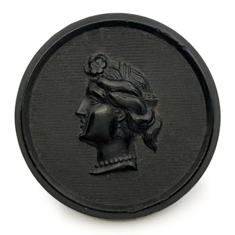Antique Cameo Picture Button Pressed Horn Woman Face Black Medium T COX PATENT Cover