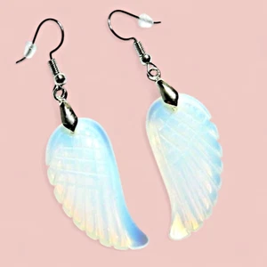 HYPOALLERGENIC OPALITE ANGEL WING EARRINGS bird dove carved gemstone pendant K5 - Picture 1 of 4