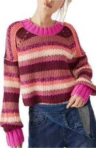 MSRP $98 Maglione Free People Devon a righe in combinazione rosa fuschia taglia M - Foto 1 di 1