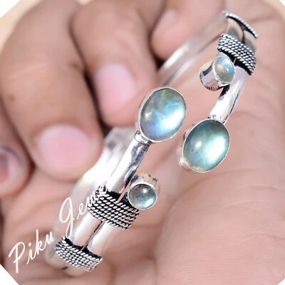 Blue Fire Labradorite Gemstone 925 Sterling Silver Cuff Bangle Gift For Anyone - Image 1 of 4