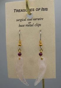 Rose Quartz and Garnet Feather Earrings, pierced - Picture 1 of 1
