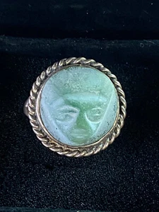 Size 4.75-5 Antique Carved Sun God Stone & Sterling Ring Artist Signed Mexico - Picture 1 of 8