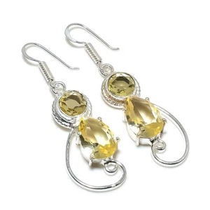 Lemon Quartz Gemstone Handmade 925 Sterling Silver Jewelry Earring Sz 1.9" - Picture 1 of 1