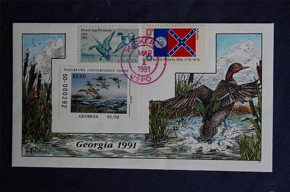 Milford Georgia 1991 $5.50 Duck Stamp FDC HP Collins Sc#GA7 W/2092 & 1636 - Image 1 of 1