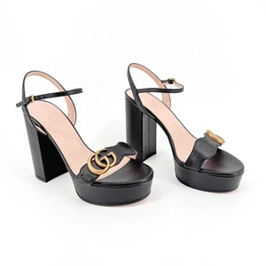 Gucci Marmont GG Platform Sandals Size 37.5 US 7.5 Black Leather Logo Block Heel - Picture 1 of 12