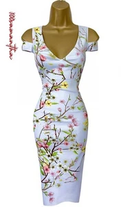 NEW Karen Millen UK 8 BLOSSOM PRINT STRETCH SATIN PENCIL DRESS PALE BLUE - £170 - Picture 1 of 12