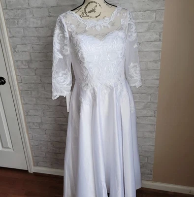 JJ's House Wedding Dress Size 10 White Lace Bodice Embroidered 3/4 Sleeve Maxi - Image 1 of 4