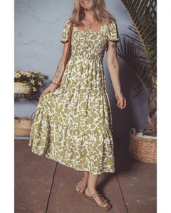 Azura Exchange Yellow Boho Floral Square Neck Smocked Bust Puff Sleeve Tiered - Picture 1 of 12