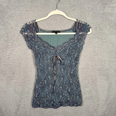 Ann Ferriday Lace Ribbon Stretch Corset Top Y2K Fairy Romantic Dark Blue Small - Image 1 of 4