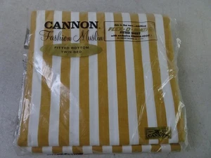 Vintage Cannon Fashion Musselin Bettlaken Spannbetttuch Twin Gold Weiß Streifen Neu aus altem Lagerbestand - Bild 1 von 4