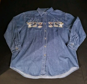 Osos de ángel vintage denim grandes manga larga abotonados bordados - Imagen 1 de 10