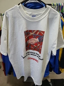T-shirt Compaq vintage anni '90 Xl girocollo Gildan cotone bianco preshrunk 48" X 30 - Foto 1 di 8
