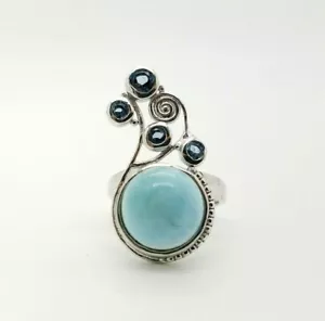 Nuevo anillo floral alargado ""PJC"" 12' mm larimar redondo y topacio azul talla 7 - Imagen 1 de 9