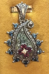Barbara Bixby 18k Gold 925 Silber Abalone Granat & Topas Paisley 1,75" Anhänger - Bild 1 von 3
