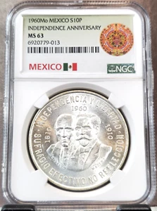 1960 MEXICO SILVER 10 PESOS INDEPENDENCE ANNIVERSARY NGC MS 63 BEAUTIFUL LUSTER - Picture 1 of 3