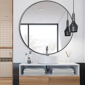 36" Round Bathroom Mirror Wall Mounted Make Up Vanity Mirror W/Metal Frame Black - Picture 1 of 22