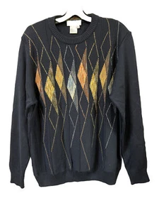 Vtg MONTECHIARO Men's Sweater L Black Diamonds Wool Blend ITALY y2K Grandpa - Picture 1 of 4