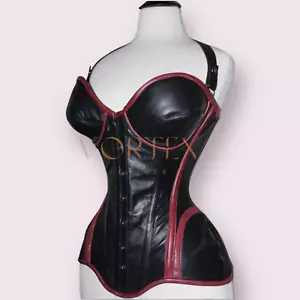 Black Real Pure Leather Over bust Corset Lace up Back Real Steel Bones - Picture 1 of 6