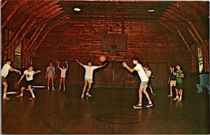 Cashman Hall Camp Notre Dame Lake Spotford N.H. Postcard Boys Basketball Gym - Picture 1 of 2