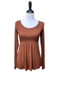 American Eagle braune Babydoll Bluse GR. XS gesmoktes Obermaterial lange Ärmel einfarbig - Bild 1 von 12