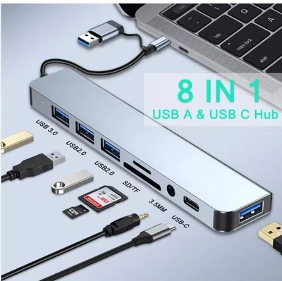 Type C USB Hub 8 in 1 multi port Docking 4K HDMI LAN Audio USB 3.0 SD Macbook - Image 1 of 4