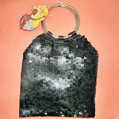 Mini bolsa de mão de anel de lantejoulas pretas Y2K bolsa festa noite - Imagem 1 de 4