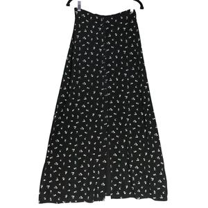 Susan Lawrence Maxi Skirt Womens M Black Floral Button Front Slinky Travel Boho - Picture 1 of 13
