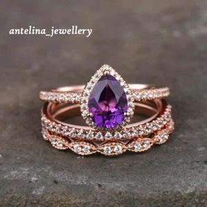 4CT Lab-Created Pear Cut Amethyst Wedding Trio Ring Set 14k Rose Gold Plated - Picture 1 of 10