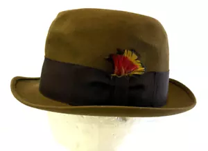 VTG Royal Stetson Fedora Fur Felt Hat Olive Green Ribbon Band Feather 7 1/8 - Picture 1 of 7